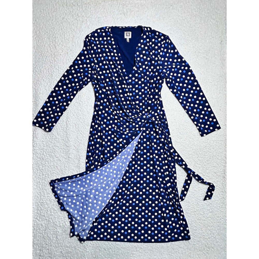 Anne Klein Womens Wrap Dress Size M Navy Blue White Polka DotFauxWrap LongSleeve - Picture 1 of 8